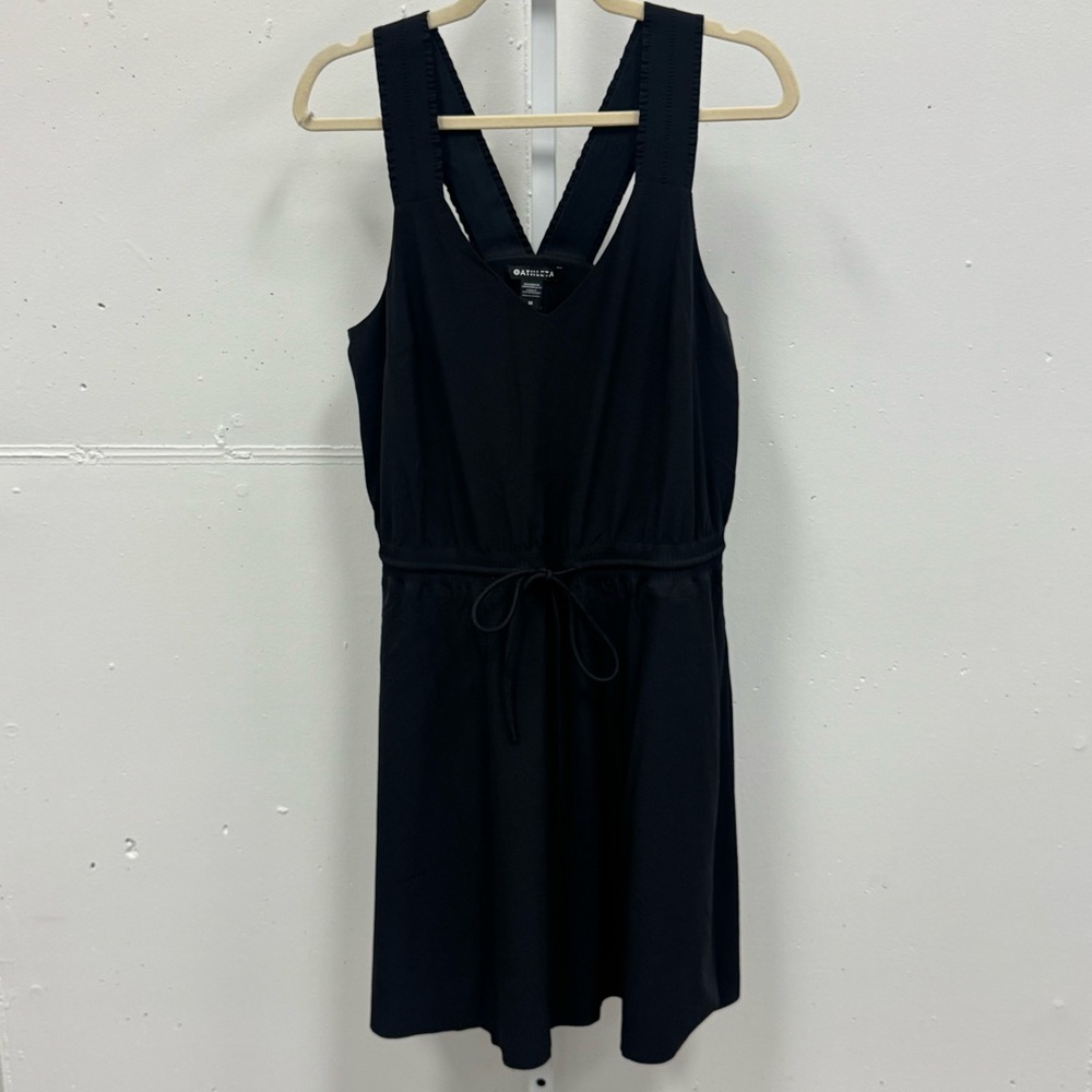 Athleta Savannah Drawstring Waist Pockets Strap Mini Dress Medium Athleisure Blk